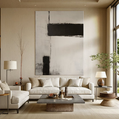 Silence Geometry – Ivory & Charcoal Minimal Abstraction – AURA112(Vertical)