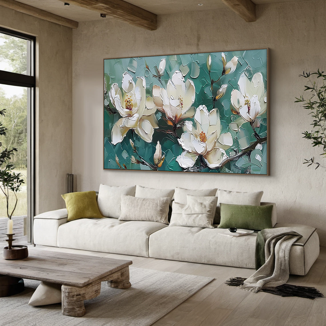 Textured Magnolia Oil Painting Green White Palette Knife Modern Organic Japandi Floral Wall Decor AURA717