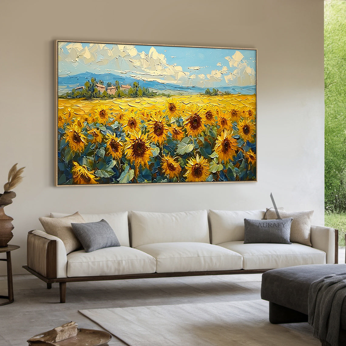 Yellow Sunflower Landscape Impasto Oil Painting Tactile Knife Strokes Rural Countryside Distant Mountains Blue Sky AURA419