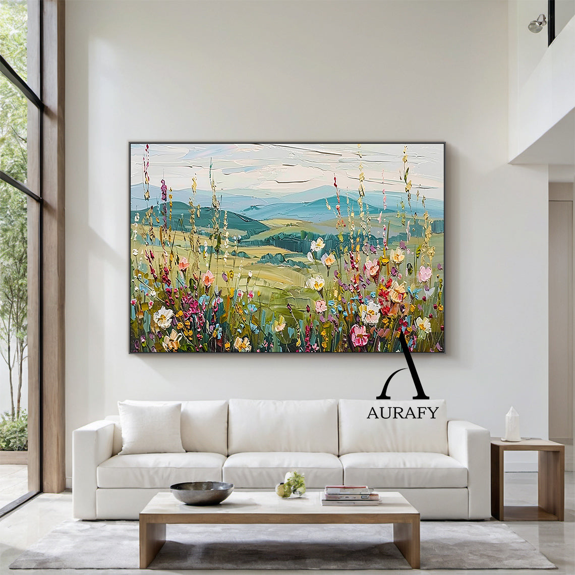 3D Textured Flower Painting with Knife Strokes High-Relief Tactile Green Pastoral Landscape Art AURA574
