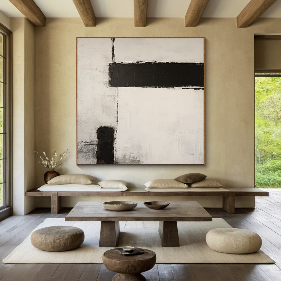 Silence Geometry – Ivory & Charcoal Minimal Abstraction – AURA112(Square)