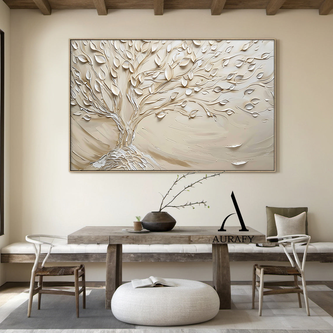 Beige High-Relief Knife Painted Tree Wall Art Japandi Wabi-Sabi Tactile Plaster Modern Organic Minimalist Decor AURA536