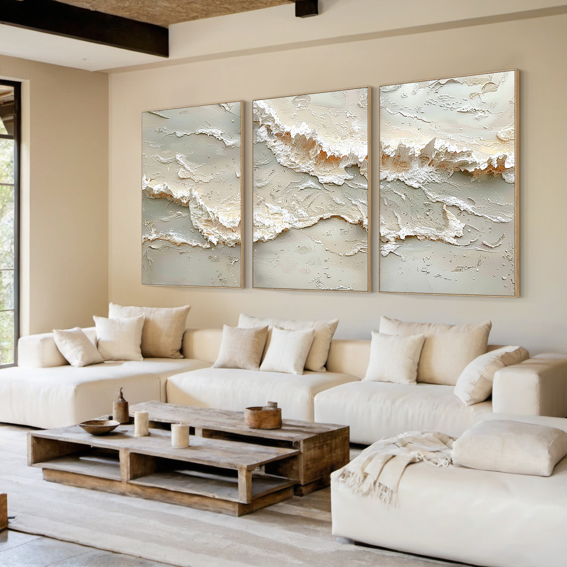 Beige 3D Textured Abstract Painting Triptych Living Room Wall Art AURA166