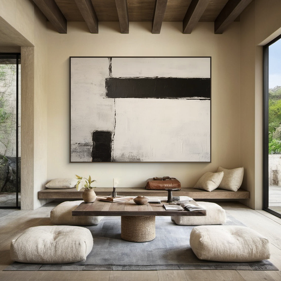 Silence Geometry – Ivory & Charcoal Minimal Abstraction – AURA112(Square)