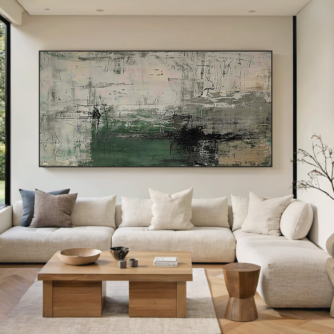 Abstract Minimalist Wall Art – Forest Green & Neutral Grays– AURA021(Horizontal)