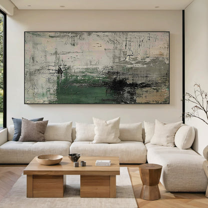 Abstract Minimalist Wall Art – Forest Green & Neutral Grays – AURA021(Square)