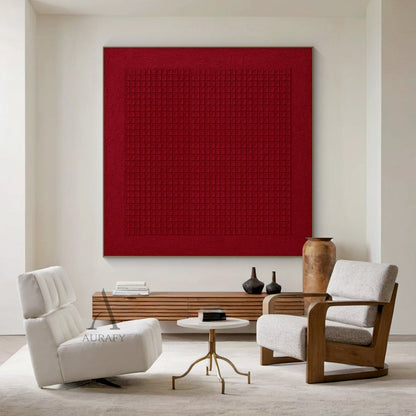 Red Abstract Art Geometric Tactile Canvas Embossed Grid Minimalist Textured Wall Decor AURA624