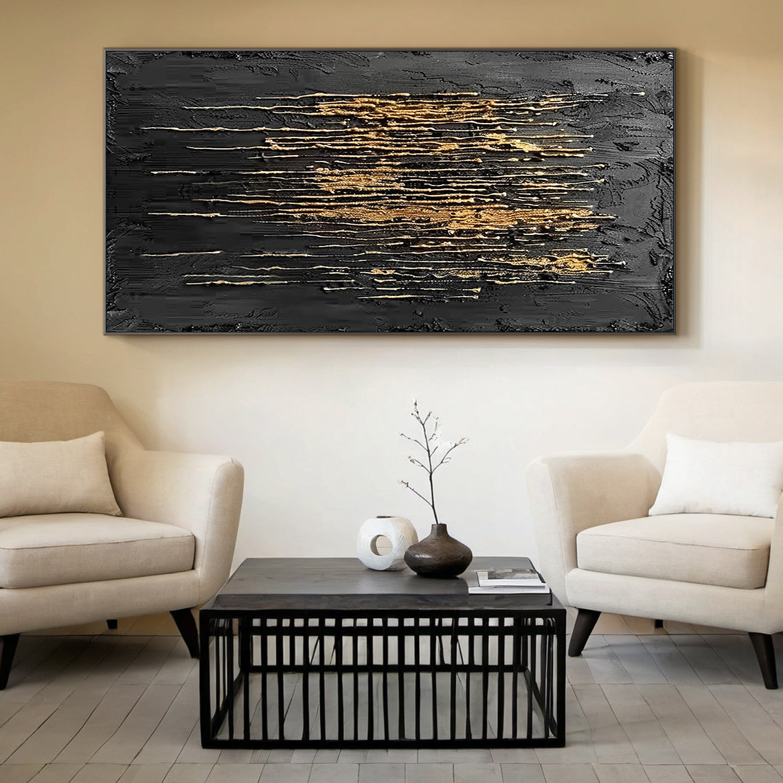 Metallic Drip Texture Canvas – Charcoal & Gold Accents – AURA031(Vertical)