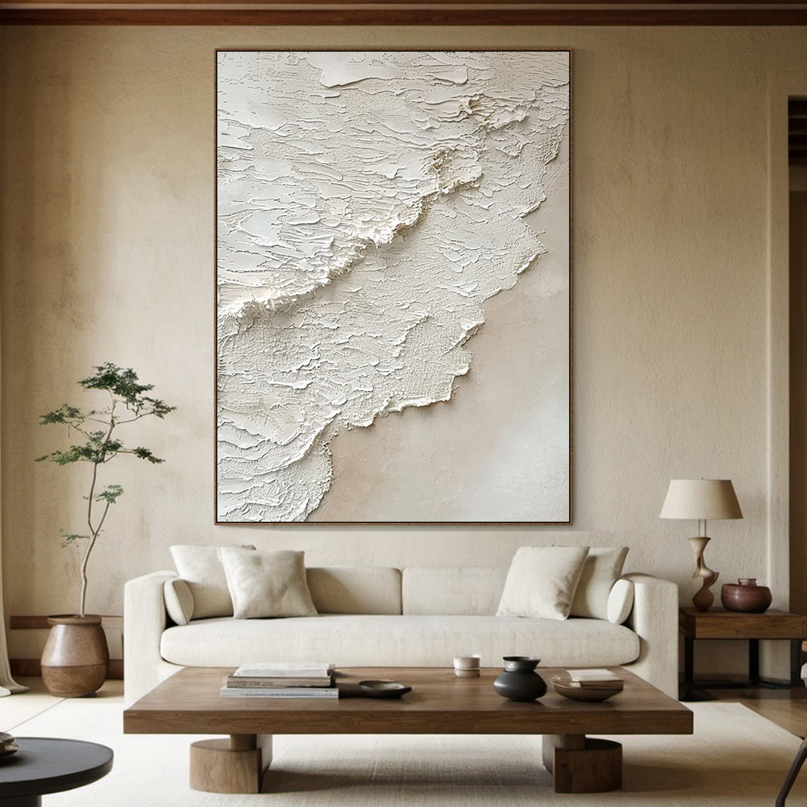 Soft Tide-Beige Ocean & Sky Texture Abstract Art-AURA129