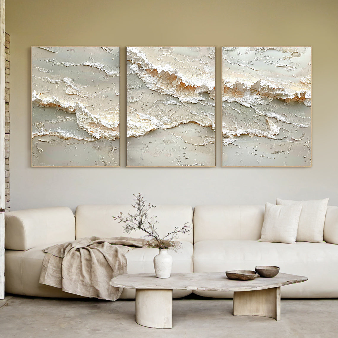 Beige 3D Textured Abstract Painting Triptych Living Room Wall Art AURA166