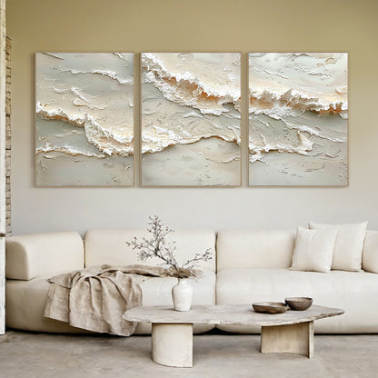 Beige 3D Textured Abstract Painting Triptych Living Room Wall Art AURA166