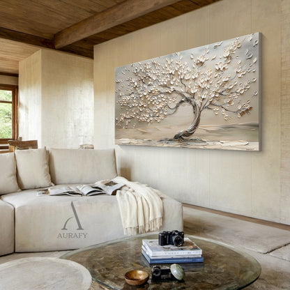 3D Textured Beige Tree Painting High-Relief Sculpted Tactile Surface Modern Organic Luxe AURA467