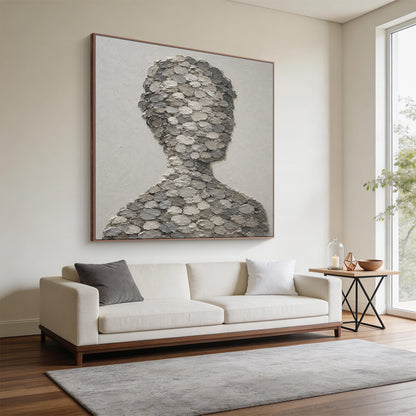 3D Textured Gray Plaster Wabi-Sabi Human Silhouette Knife Stroke Sculpted Canvas Minimalist Japandi Wall Art AURA703