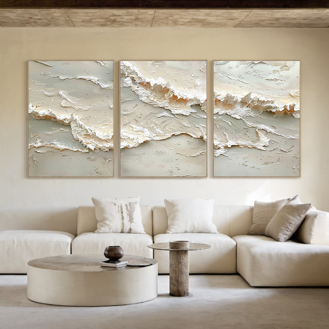 Beige 3D Textured Abstract Painting Triptych Living Room Wall Art AURA166
