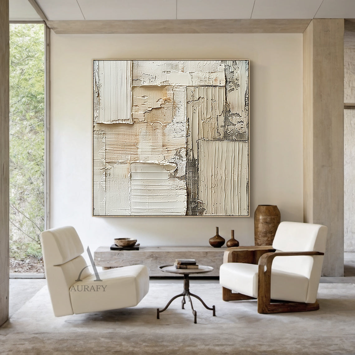 Weathered Grid, Beige Ridged Plaster Abstract Painting AURA868