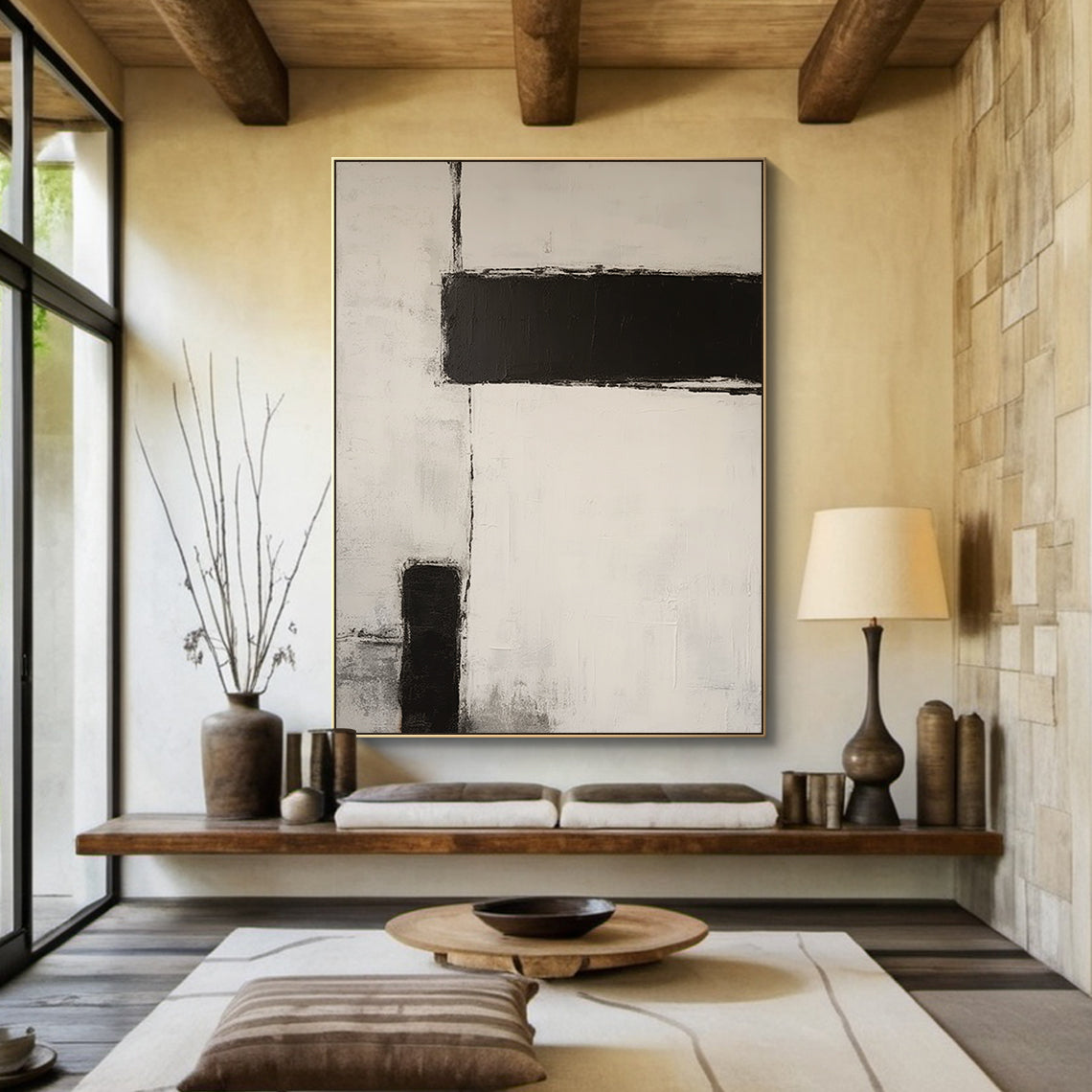 Silence Geometry – Ivory & Charcoal Minimal Abstraction – AURA112(Vertical)