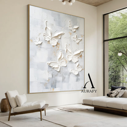 3D Textured Butterfly Art High-Relief Impasto White Beige Modern Minimalist Luxe Painting with Gold Accents AURA531