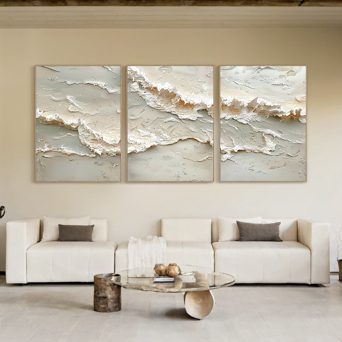 Beige 3D Textured Abstract Painting Triptych Living Room Wall Art AURA166