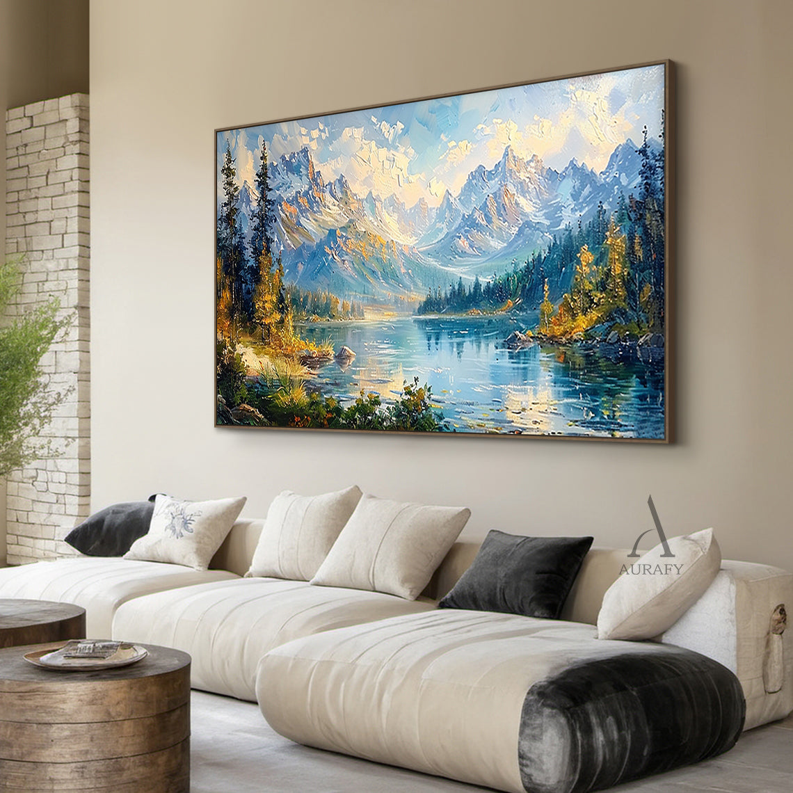 Blue Landscape Oil Painting with Knife Strokes Mountain Lake Snow-Capped Peaks Reflective Water AURA422