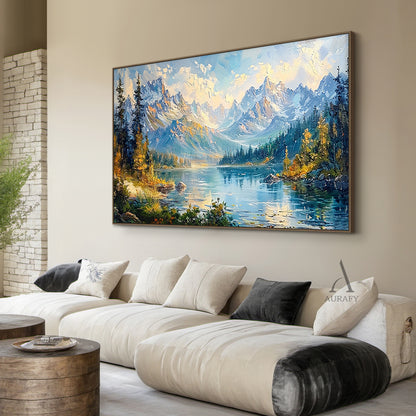 Blue Landscape Oil Painting with Knife Strokes Mountain Lake Snow-Capped Peaks Reflective Water AURA422