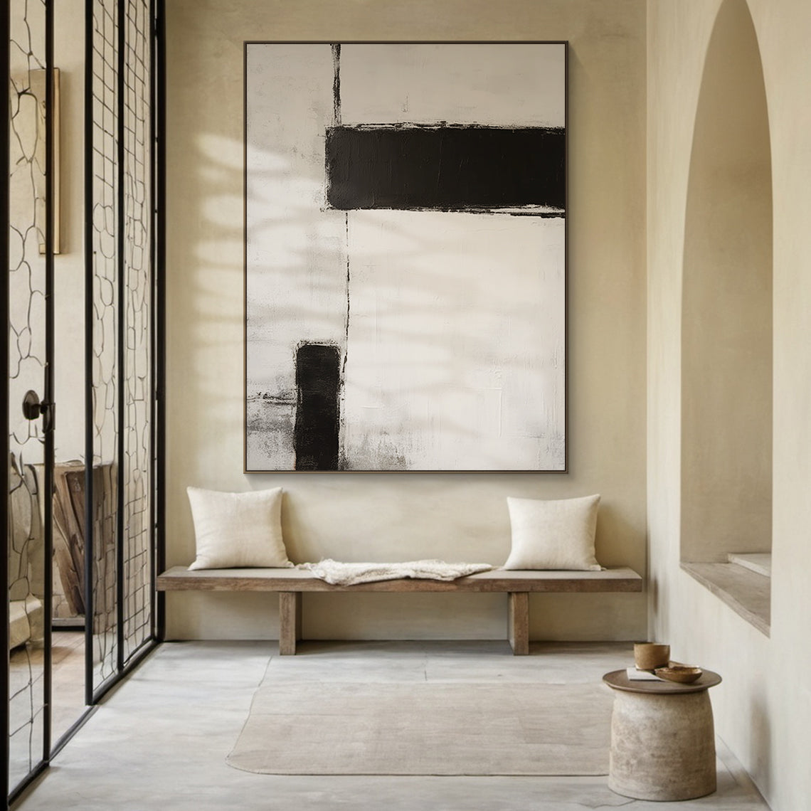 Silence Geometry – Ivory & Charcoal Minimal Abstraction – AURA112(Vertical)
