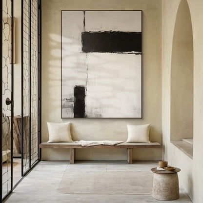 Silence Geometry – Ivory & Charcoal Minimal Abstraction – AURA112(Vertical)