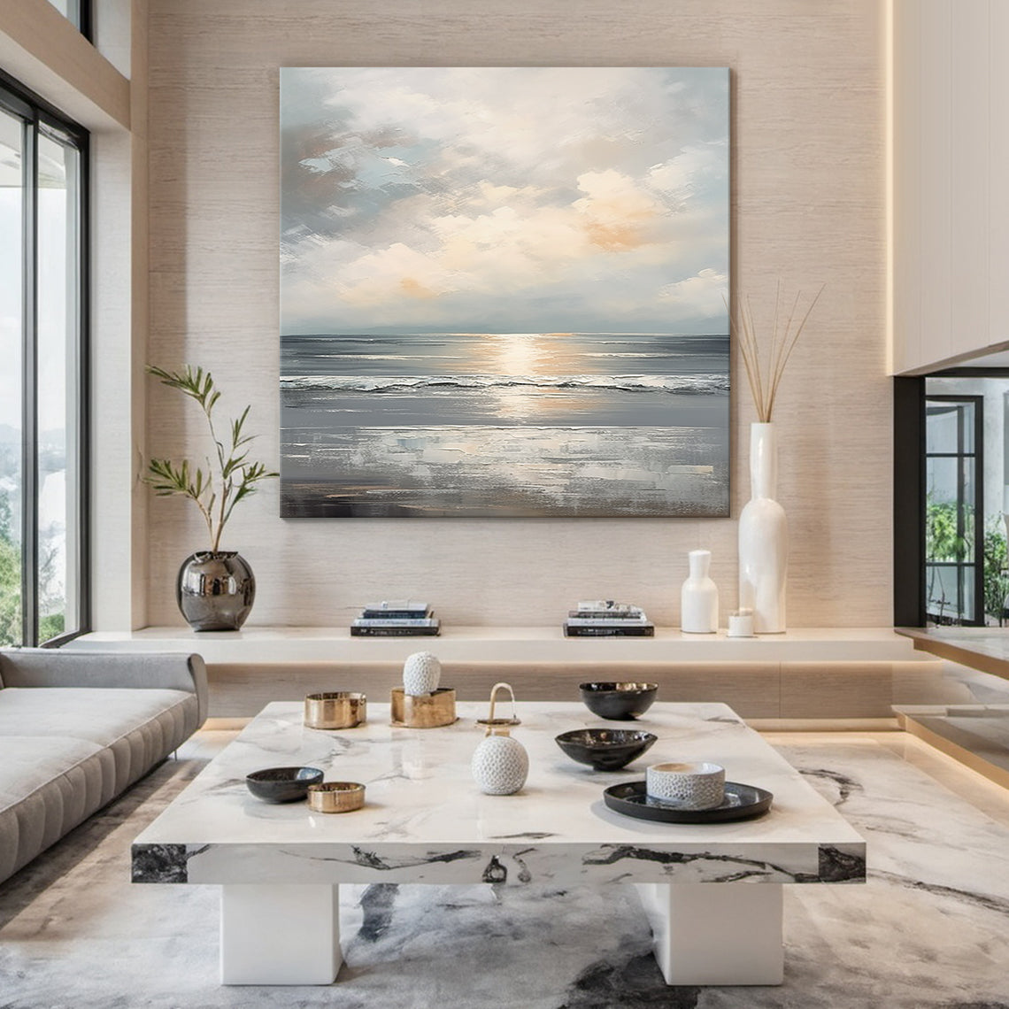 Quiet Horizon-Gray Waves & Sky Abstract Art-AURA126