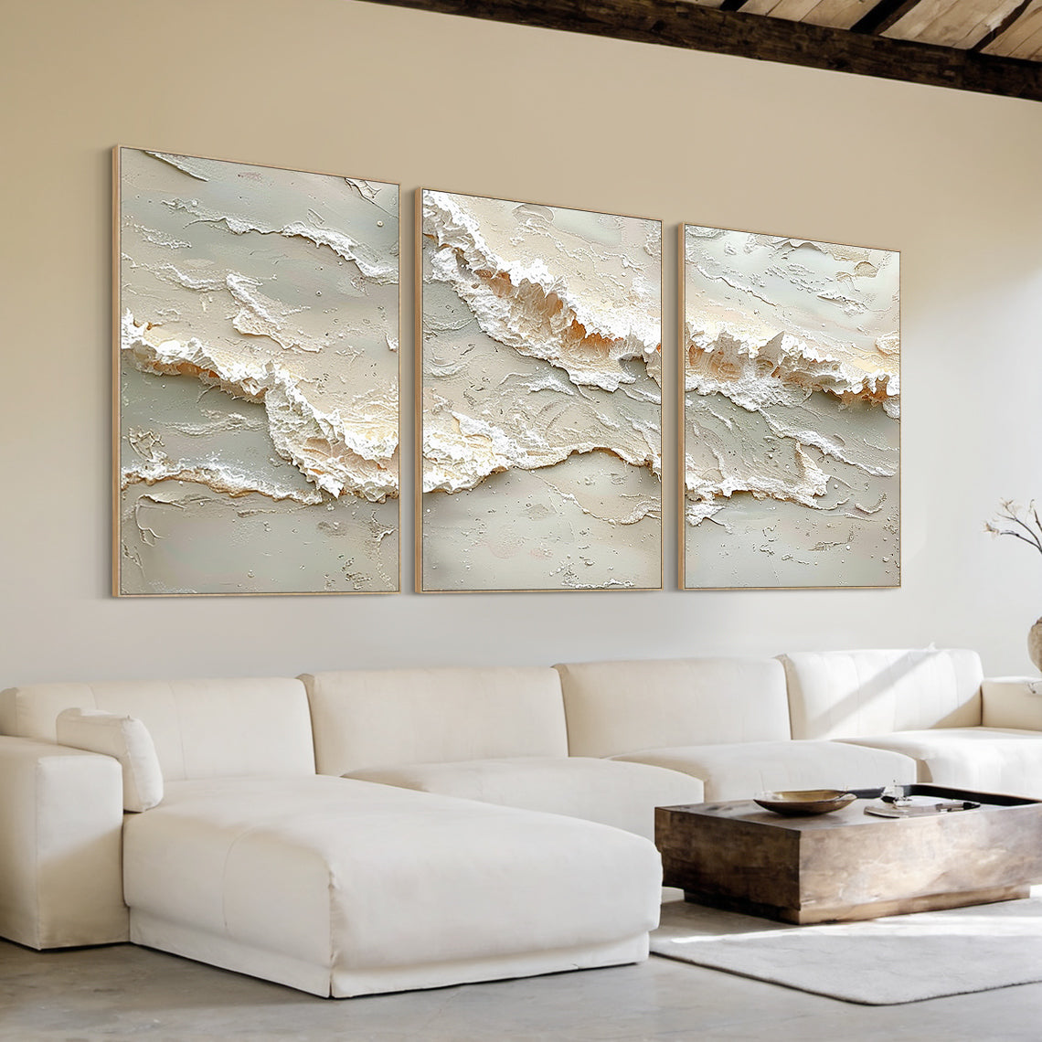 Beige 3D Textured Abstract Painting Triptych Living Room Wall Art AURA166