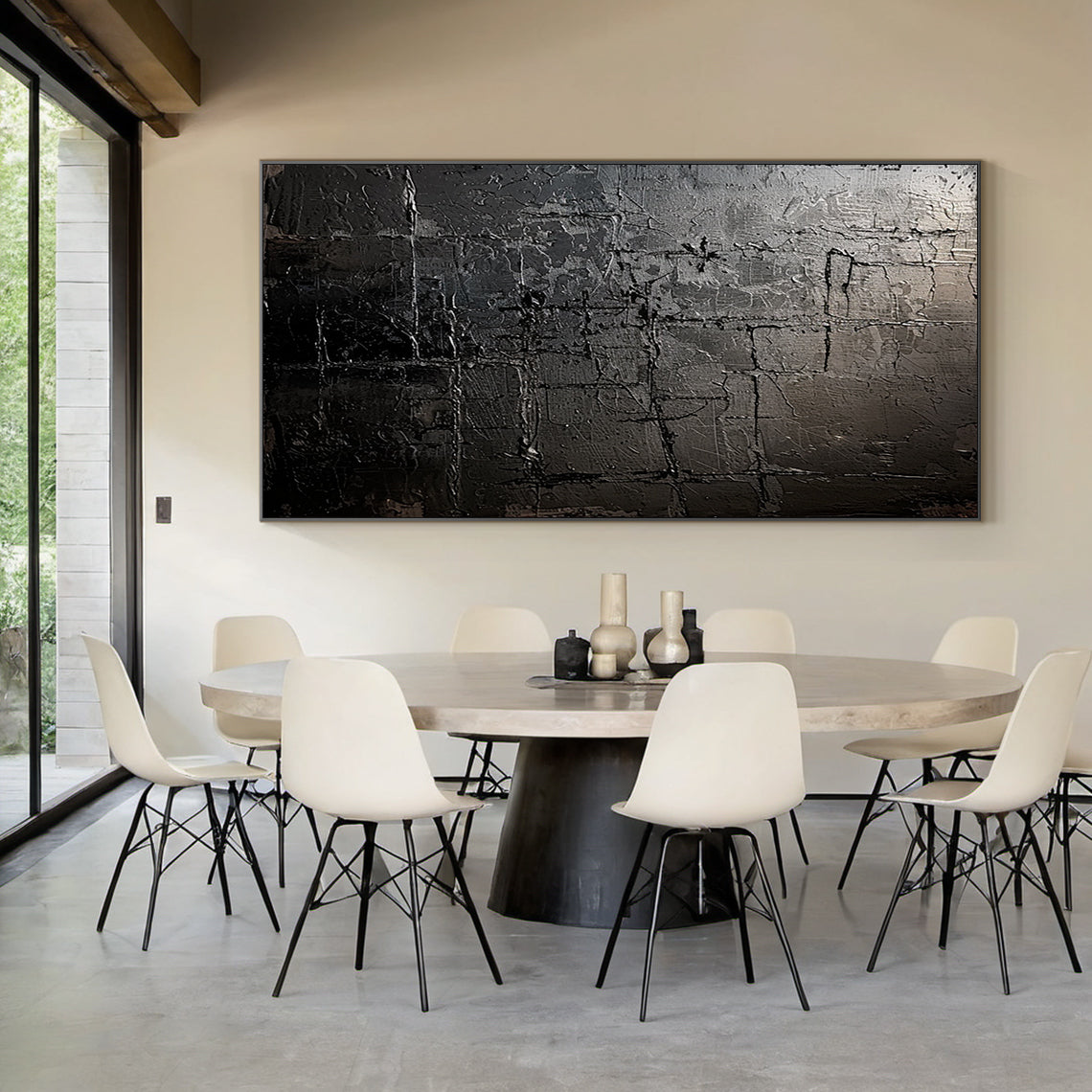 Monochrome Grid Texture Wall Art – Onyx & Charcoal Tones – AURA032(Horizontal)