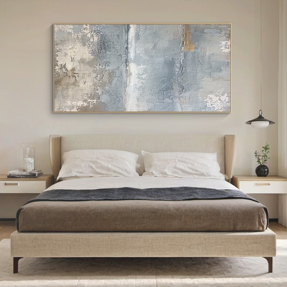 Minimalist Seascape Texture Canvas – Cool Blue & Taupe Painting – AURA035(Square)