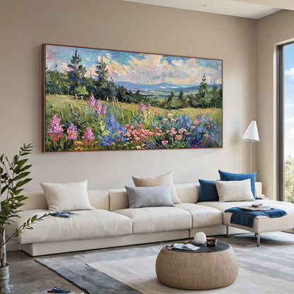 Green Wildflower Mountain Landscape Impasto Knife Stroke Oil Painting Textured Canvas Modern Organic Wall Art AURA713