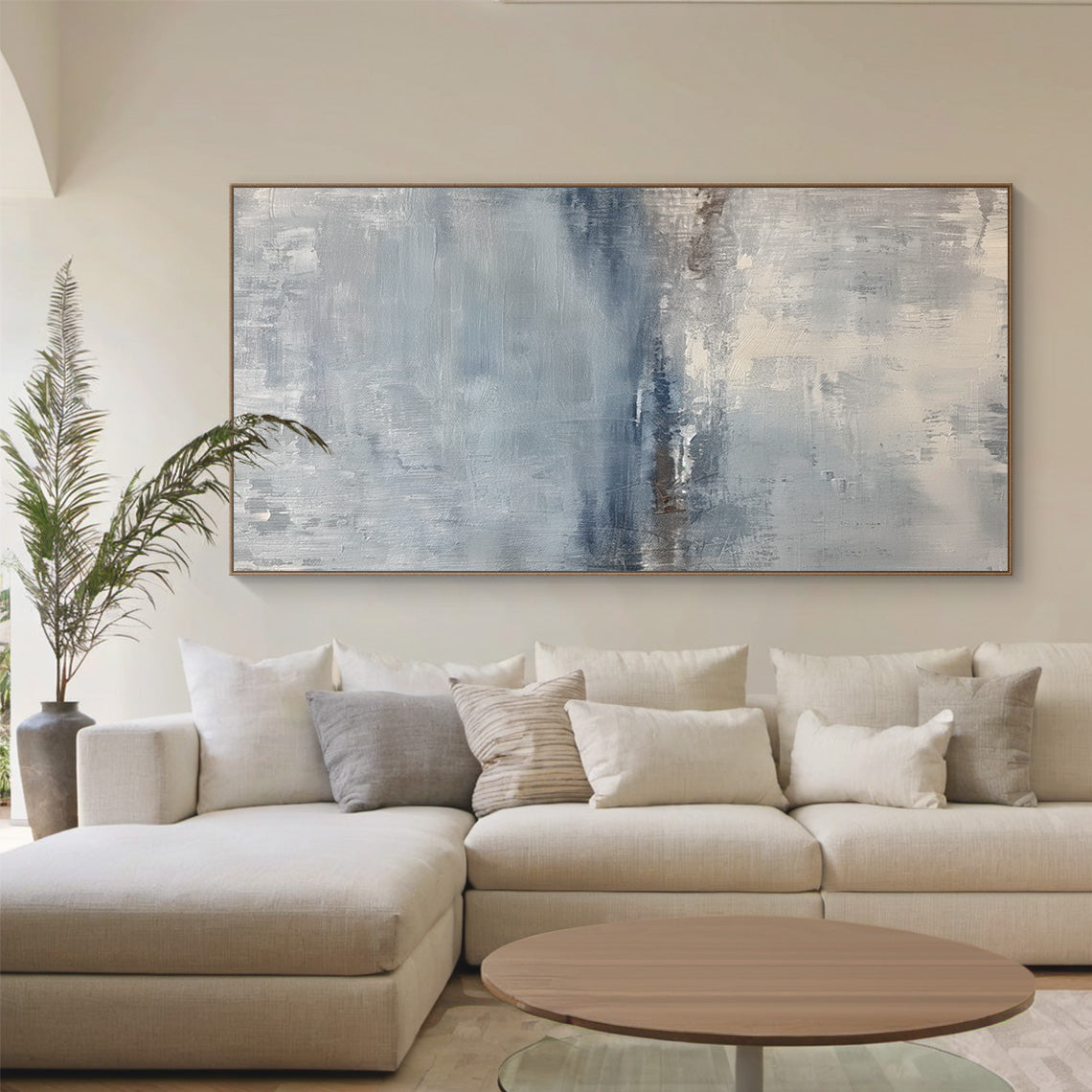 Abstract Seascape Texture Painting – Misty Blue & Taupe Canvas – AURA034(Horizontal)