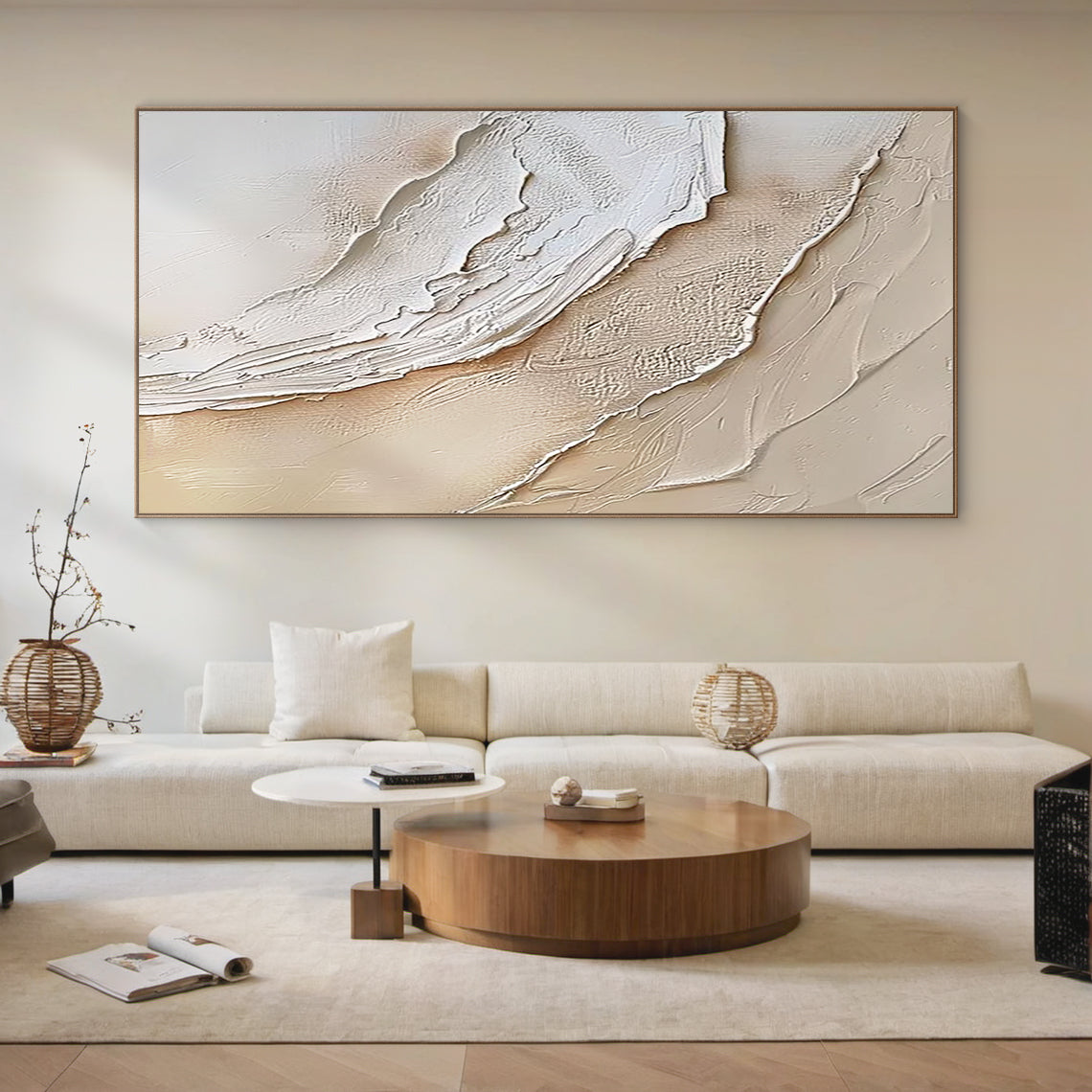 Organic Wave Texture Canvas – Cream & Taupe Tones – AURA007(Square)