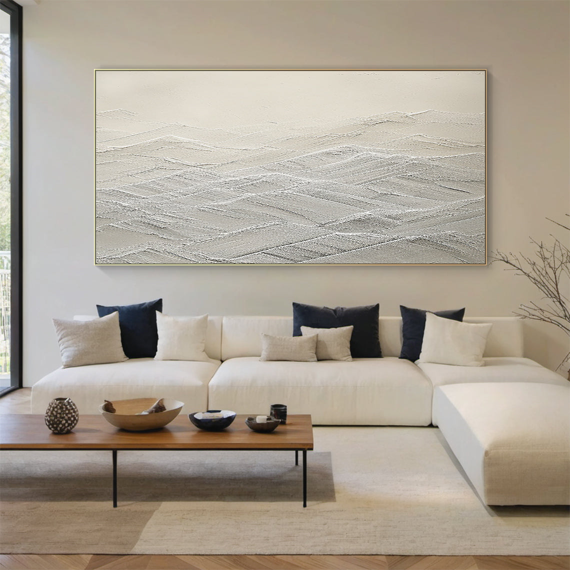 Mountain Ridge Relief Canvas – Cream & White Tones – AURA042(Horizontal)