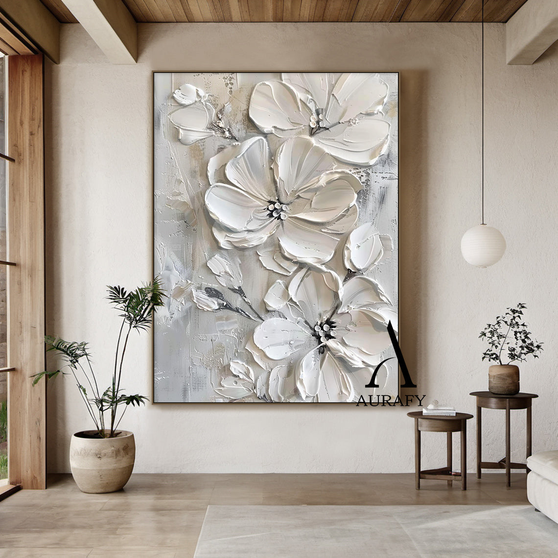 3D Textured Painting Gray White Abstract Floral Sculpted Canvas Tactile High-Relief Impasto Modern Organic Artwork AURA515