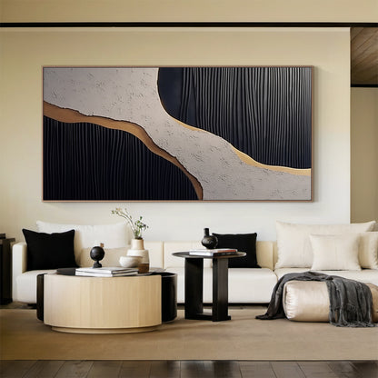 Flowing Contrast Black Gold Texture Wall Art – AURA005(Vertical)