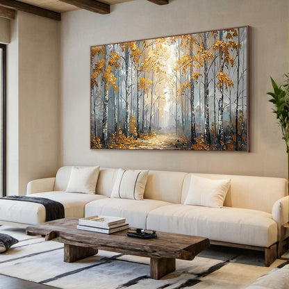 Plaster Textured Autumn Birch Forest Knife Stroke Wabi-Sabi Yellow Brown Gray Canvas Wall Art AURA716
