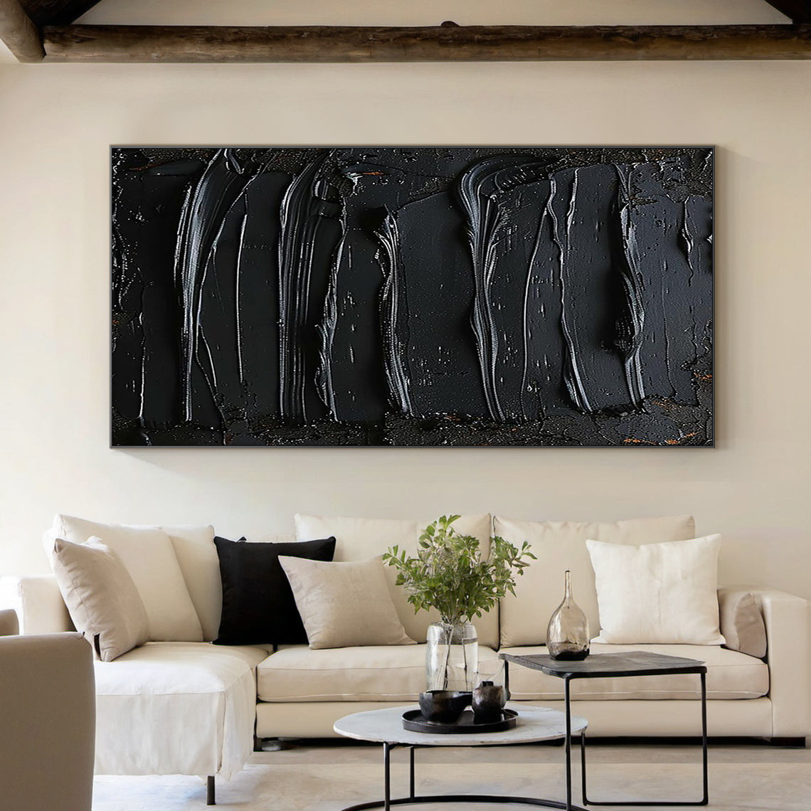Sculptural Impasto Painting – Matte & Gloss Black Tones – AURA004(Horizontal)