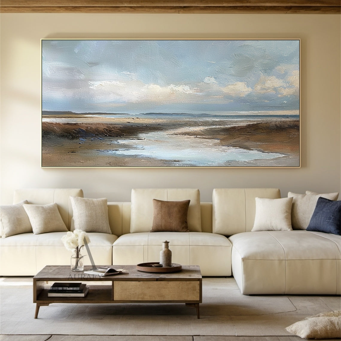 Blue Brown Knife Stroke Coastal Landscape Wabi-Sabi Textured Canvas Minimalist Oil Wall Art Decor AURA741