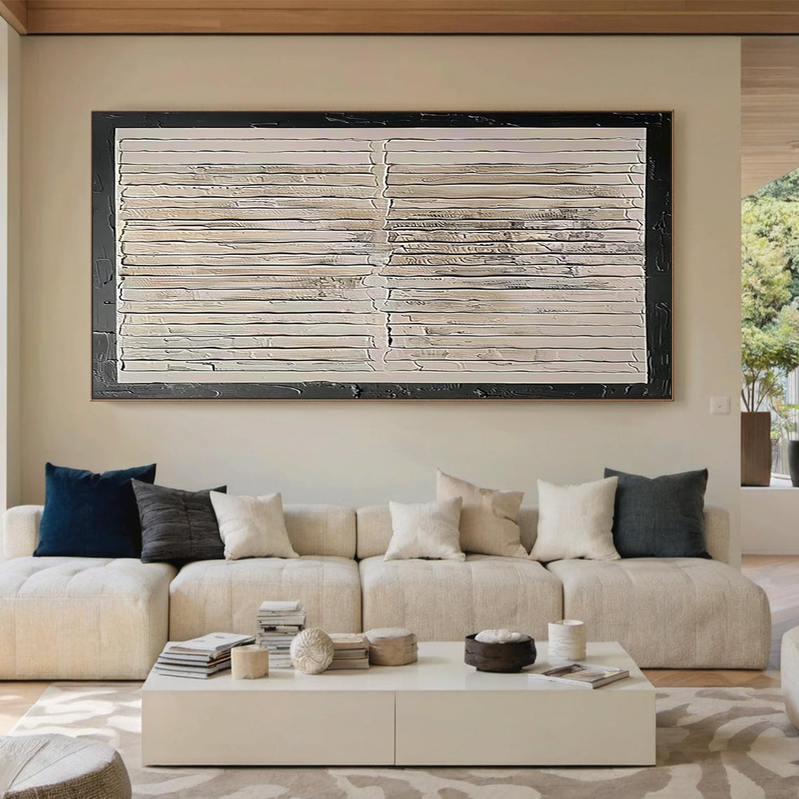 Minimalist Grid Textural Canvas – Cream & Black Accent – AURA006(Horizontal)