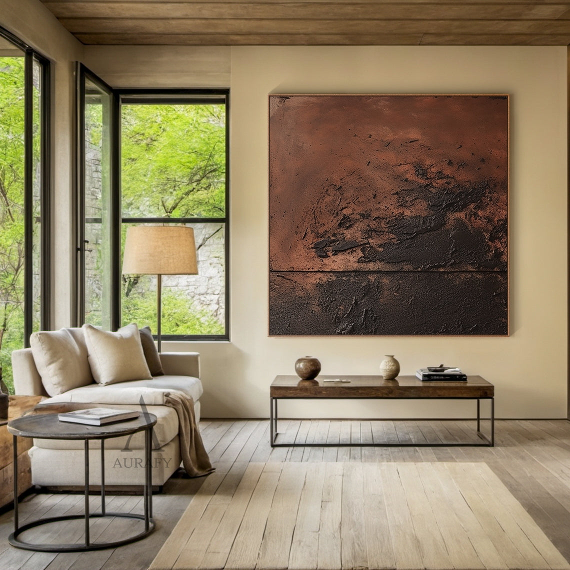 Red Brown Abstract Painting with a Sweeping Dark Textured Mass - AURA846