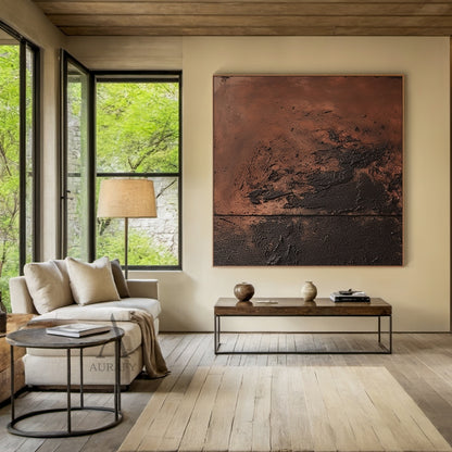 Red Brown Abstract Painting with a Sweeping Dark Textured Mass - AURA846