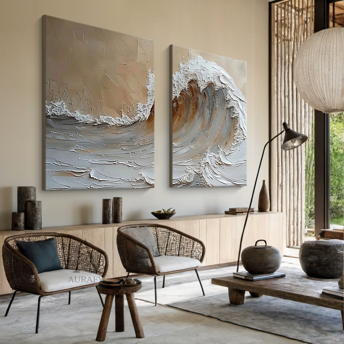 Brown Textured Ocean Wave Wall Art Set of 2 - AURA670