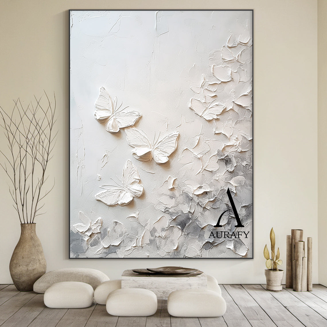 3D Textured Beige Butterfly Painting High-Relief Tactile Surface Modern Organic Minimalist Luxe Art AURA532