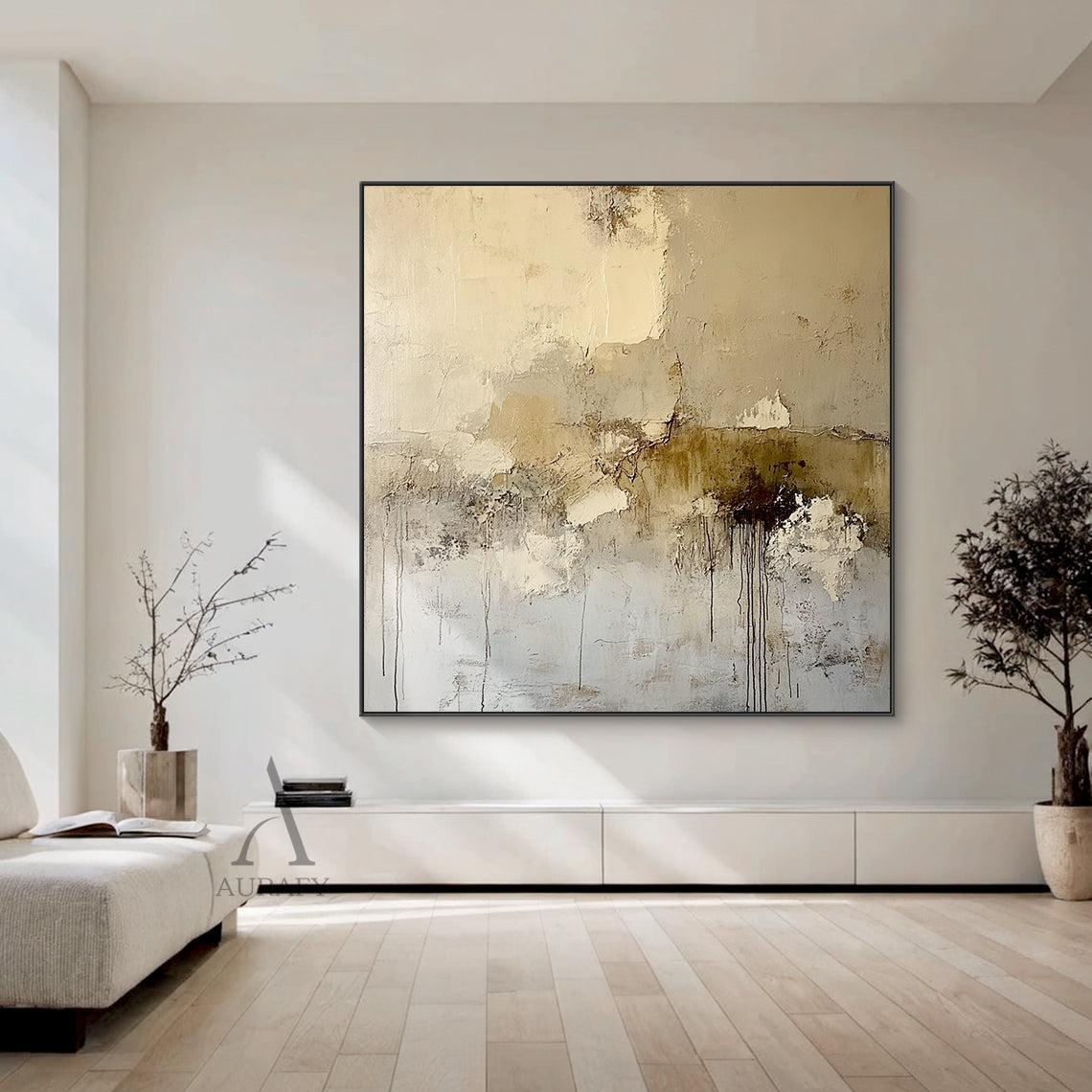 General Abstract Beige Plaster Textured Wabi-Sabi Art with Tactile Surface Paint Drips and Chipped Layers AURA611