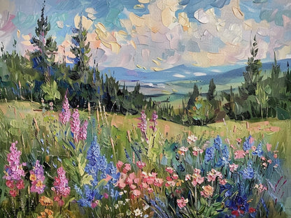 Green Wildflower Mountain Landscape Impasto Knife Stroke Oil Painting Textured Canvas Modern Organic Wall Art AURA713