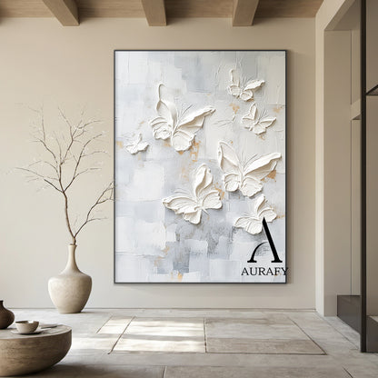 3D Textured Butterfly Art High-Relief Impasto White Beige Modern Minimalist Luxe Painting with Gold Accents AURA531