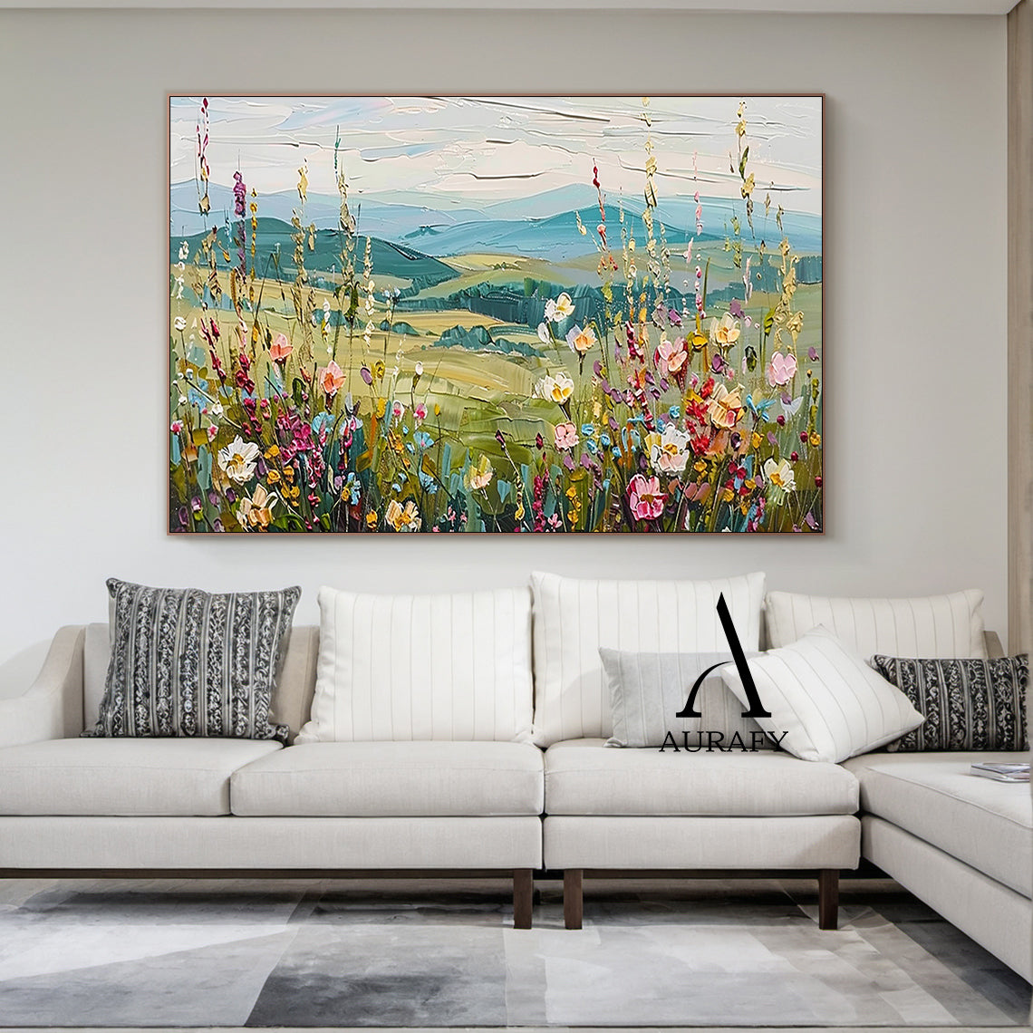 3D Textured Flower Painting with Knife Strokes High-Relief Tactile Green Pastoral Landscape Art AURA574