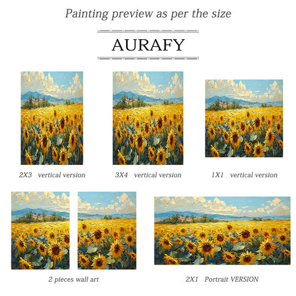 Yellow Sunflower Landscape Impasto Oil Painting Tactile Knife Strokes Rural Countryside Distant Mountains Blue Sky AURA419