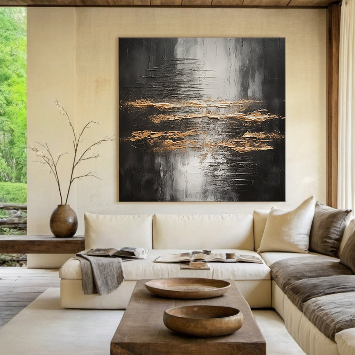 Abstract Black Gray Gold Wall Art Modern Living Room Decor -AURA190